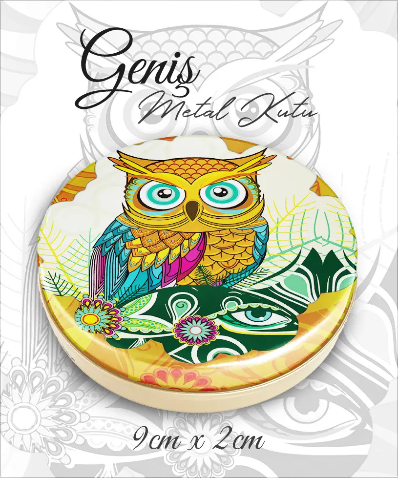 baykuş desenli geniş metal kutu