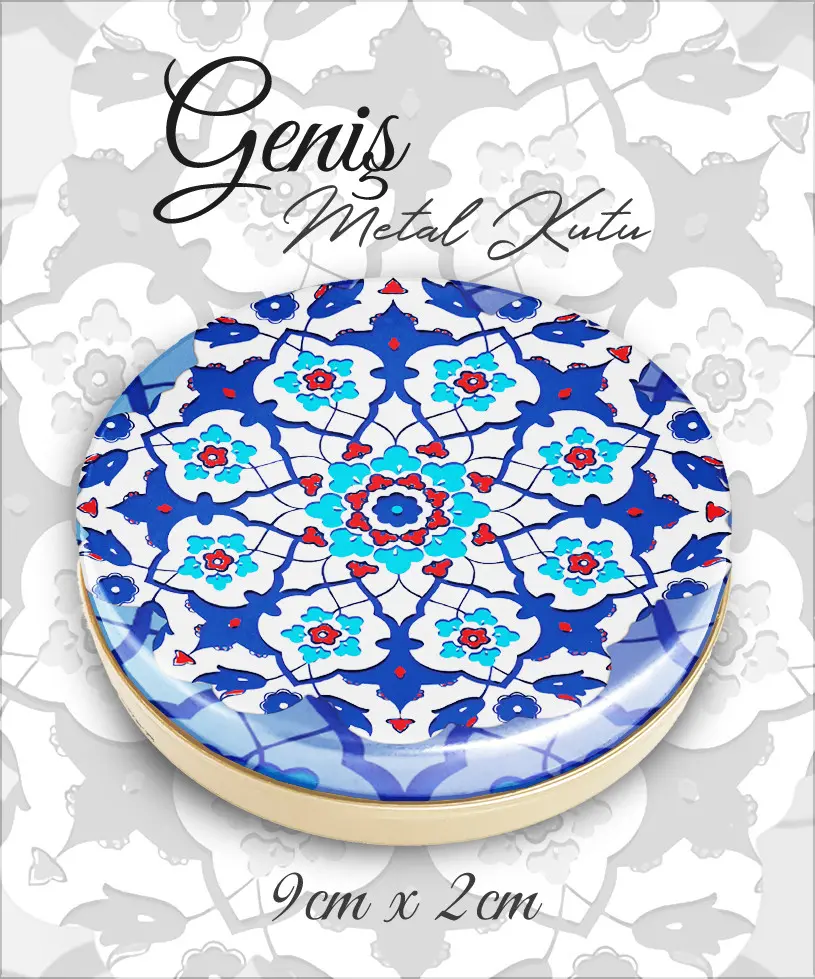çini desenli geniş metal kutu