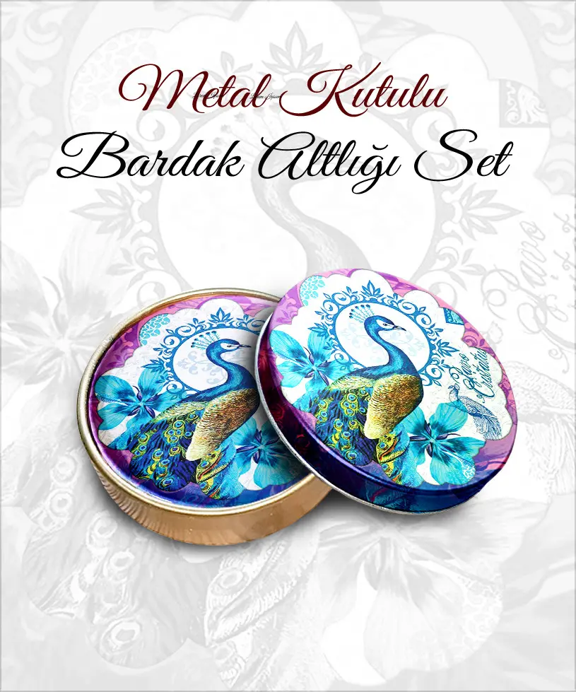tavuskuşu desenli yuvarlak bardakaltı set