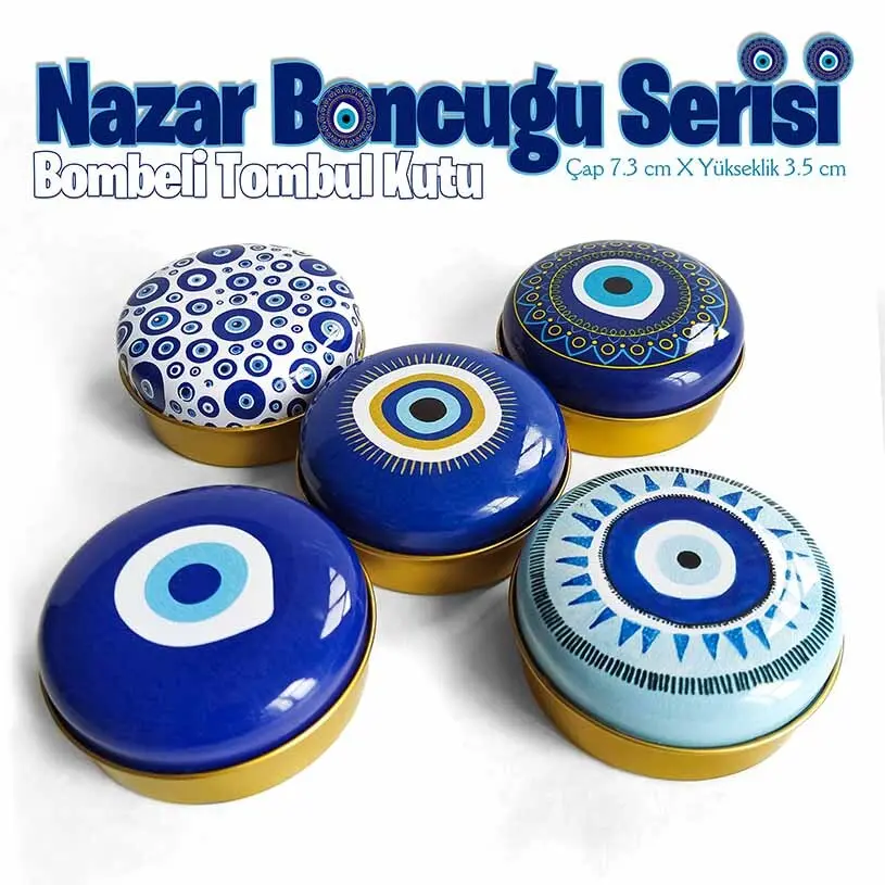 Nazar Boncuğu Desenli Bombeli Metal Kutu (1 Koli=100 adet) - Görsel 2