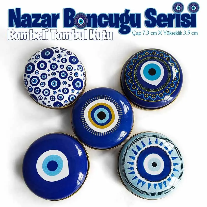 Nazar Boncuğu Desenli Bombeli Metal Kutu (1 Koli=100 adet)