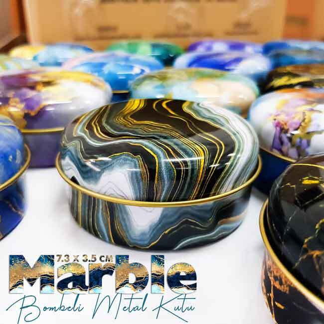 Marble Desenli Bombeli Metal Kutu (1 Koli=100 Adet) - Hediyelik- MCB Gift