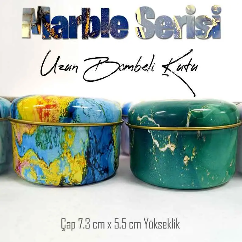 Marble Desenli Bombeli Uzun Metal Kutu (1 Koli=100 adet) - Görsel 6