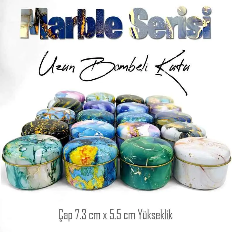 Marble Desenli Bombeli Uzun Metal Kutu (1 Koli=100 adet) - Görsel 3