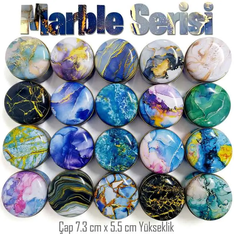 Marble Desenli Bombeli Uzun Metal Kutu (1 Koli=100 adet) - Görsel 2