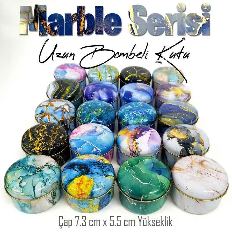 Marble Desenli Bombeli Uzun Metal Kutu (1 Koli=100 adet)