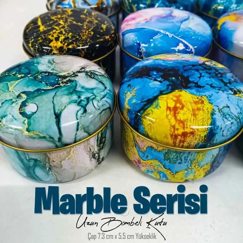 Marble Desenli Bombeli Uzun Metal Kutu (1 Koli=100 adet) - Görsel 4