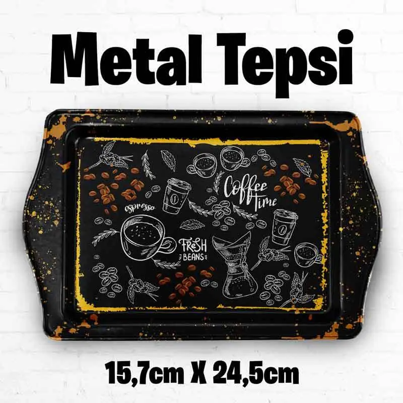 Coffee Desenli Metal Tepsi