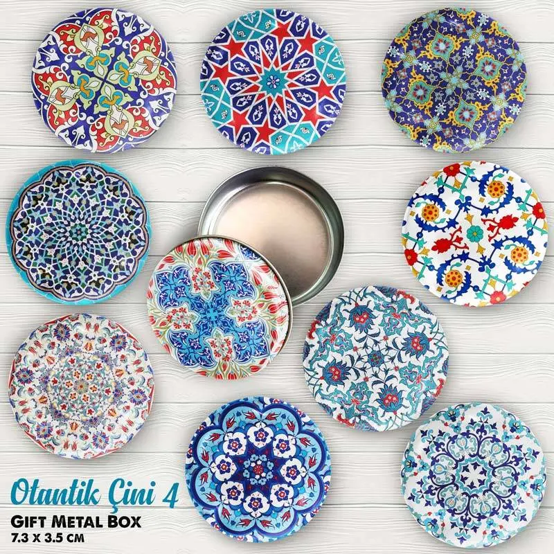 Otantik Çini Desenli Bombeli Metal Kutu